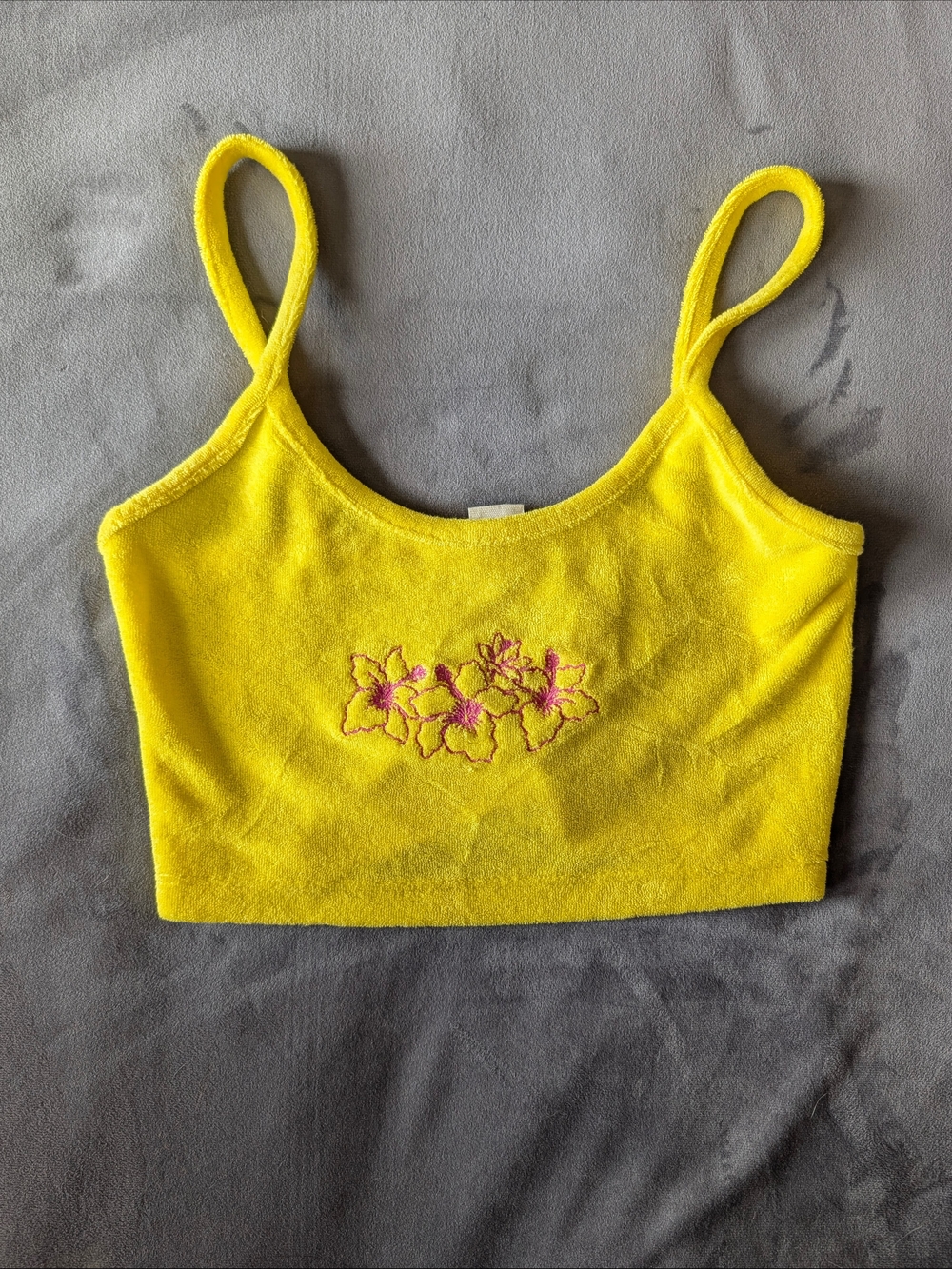 Urban Outfitters Yellow Cropped Tank Top with Pink Floral Embroidery